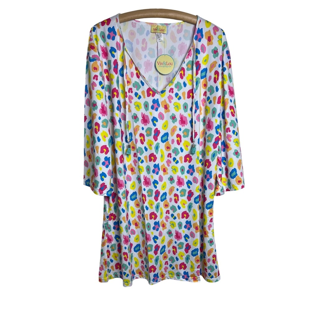 Viv & Lou Tunic Swim Cover Up Women XXL Multi Animal Print Tassel V-Neck F06‎